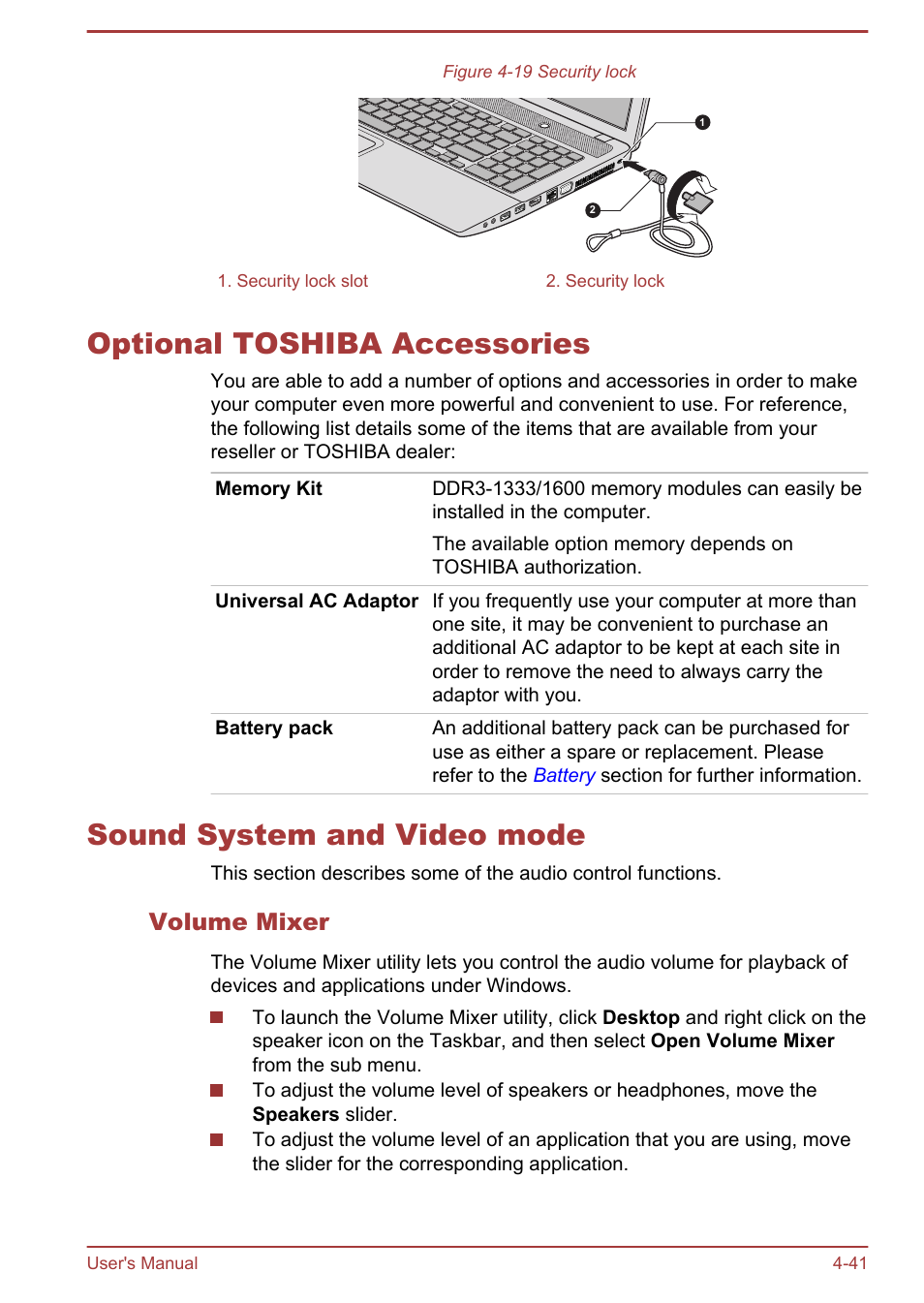 Optional toshiba accessories, Sound system and video mode, Volume mixer | To the | Toshiba Satellite C875D User Manual | Page 97 / 138