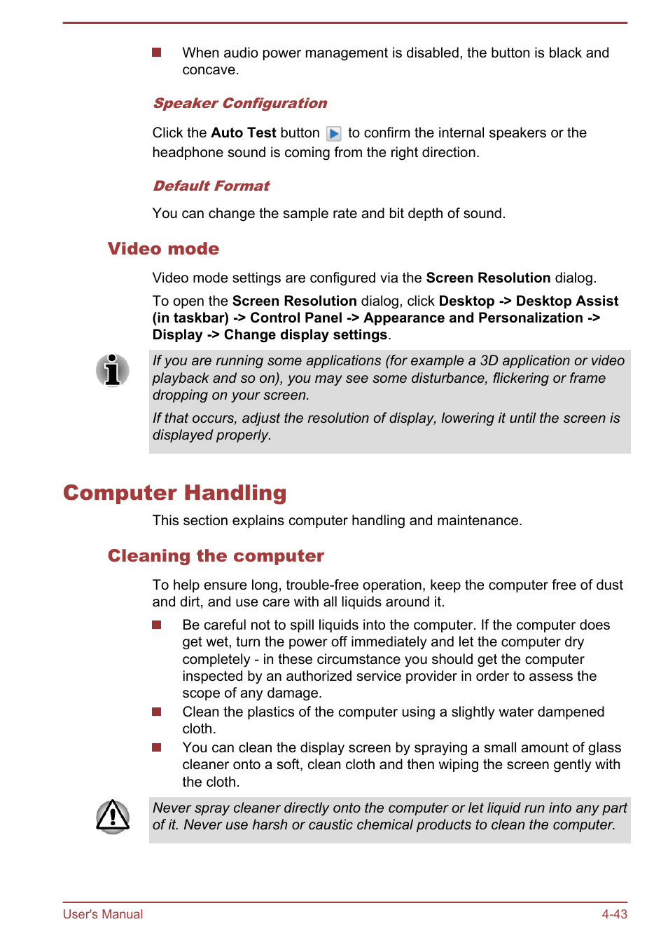 Video mode, Computer handling, Cleaning the computer | Computer handling -43 | Toshiba Satellite C875D User Manual | Page 99 / 138