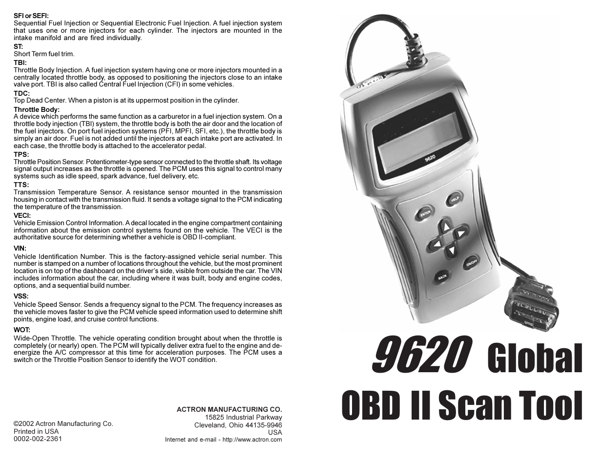 Actron Global OBD II Scan Tool 9620 User Manual | 18 pages