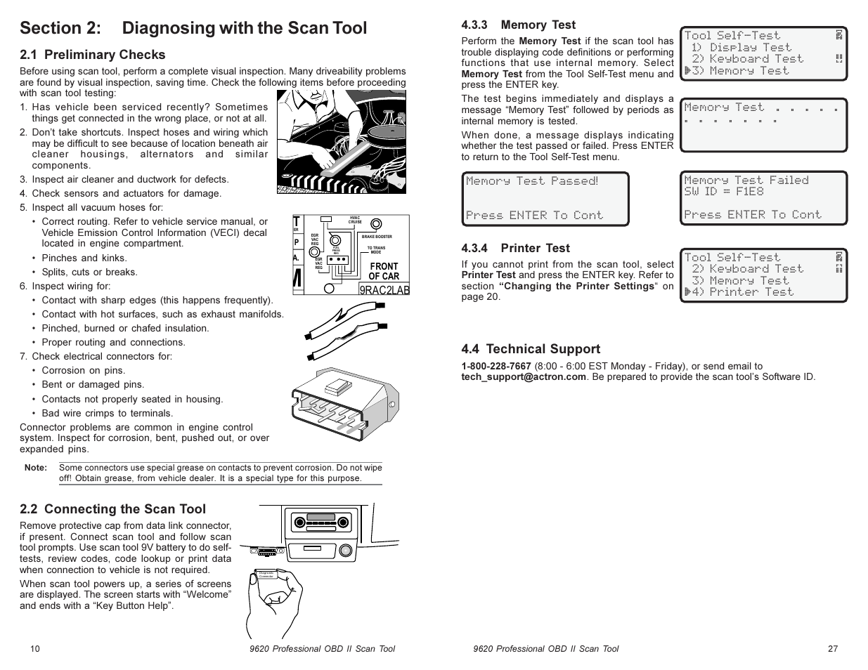 1 preliminary checks, 2 connecting the scan tool, 4 technical support | Actron Global OBD II Scan Tool 9620 User Manual | Page 10 / 18