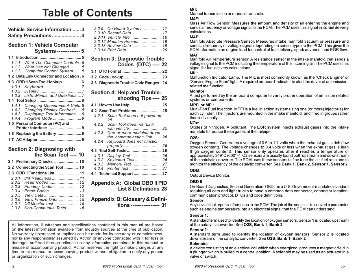 Actron Global OBD II Scan Tool 9620 User Manual | Page 2 / 18