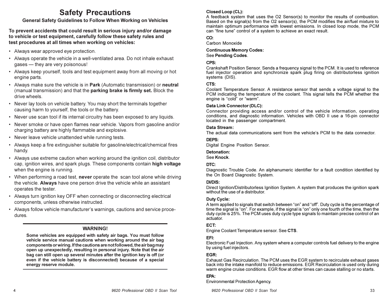 Safety precautions | Actron Global OBD II Scan Tool 9620 User Manual | Page 4 / 18