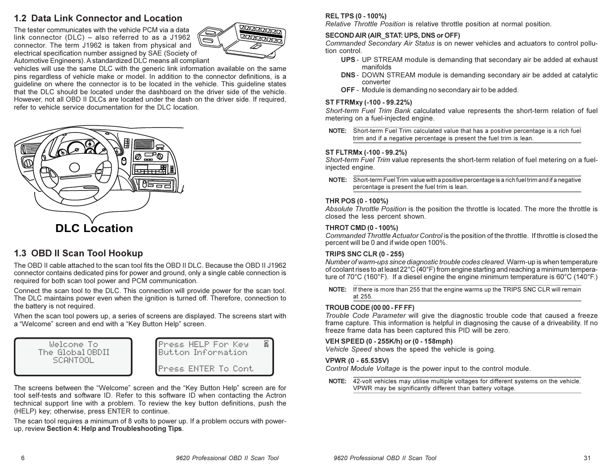 Dlc location, 2 data link connector and location, 3 obd ii scan tool hookup | Actron Global OBD II Scan Tool 9620 User Manual | Page 6 / 18