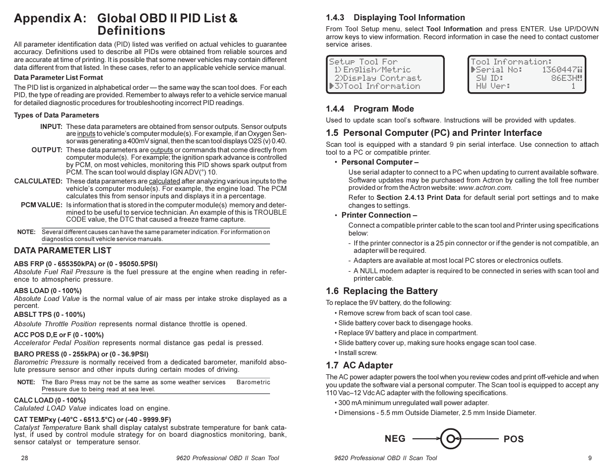 Appendix a: global obd ii pid list & definitions | Actron Global OBD II Scan Tool 9620 User Manual | Page 9 / 18