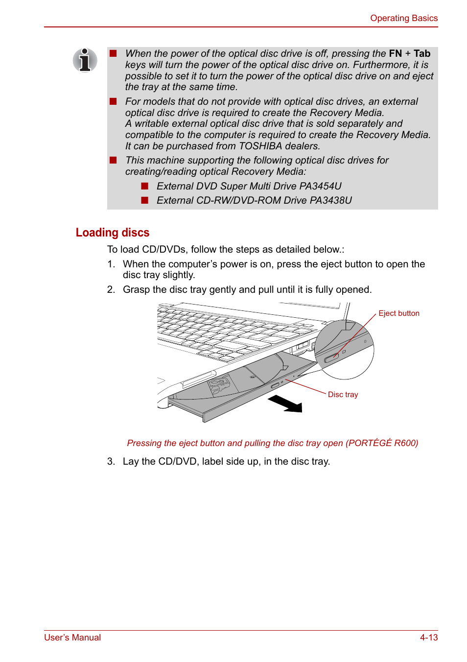 Loading discs | Toshiba Portege A600 User Manual | Page 100 / 218