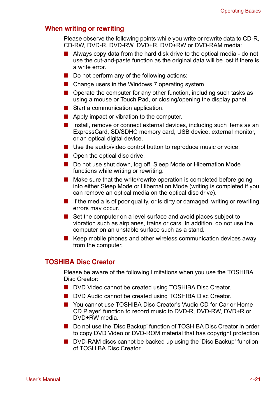 When writing or rewriting, Toshiba disc creator | Toshiba Portege A600 User Manual | Page 108 / 218