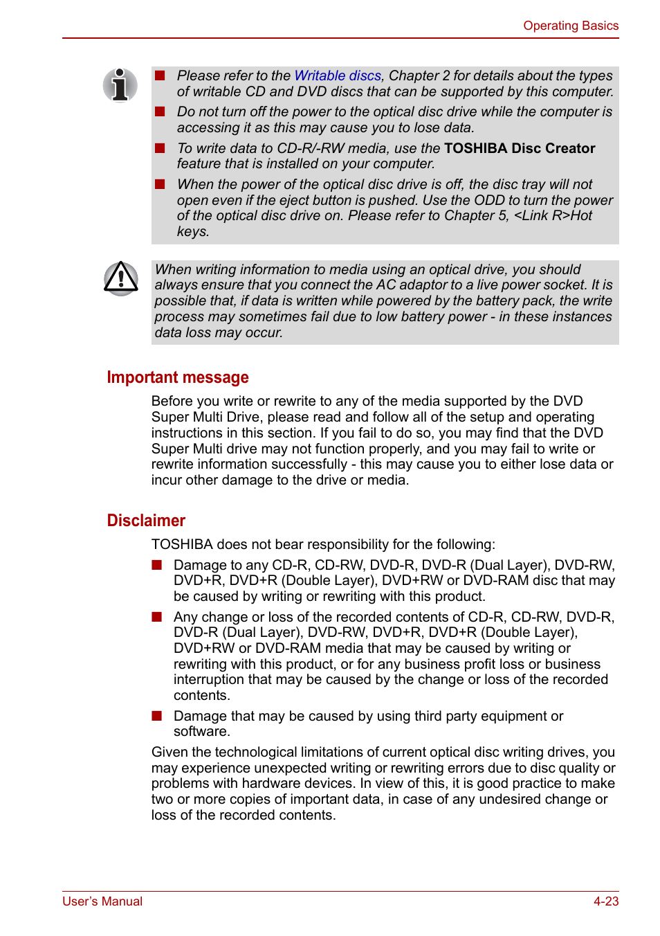 Important message, Disclaimer | Toshiba Portege A600 User Manual | Page 110 / 218