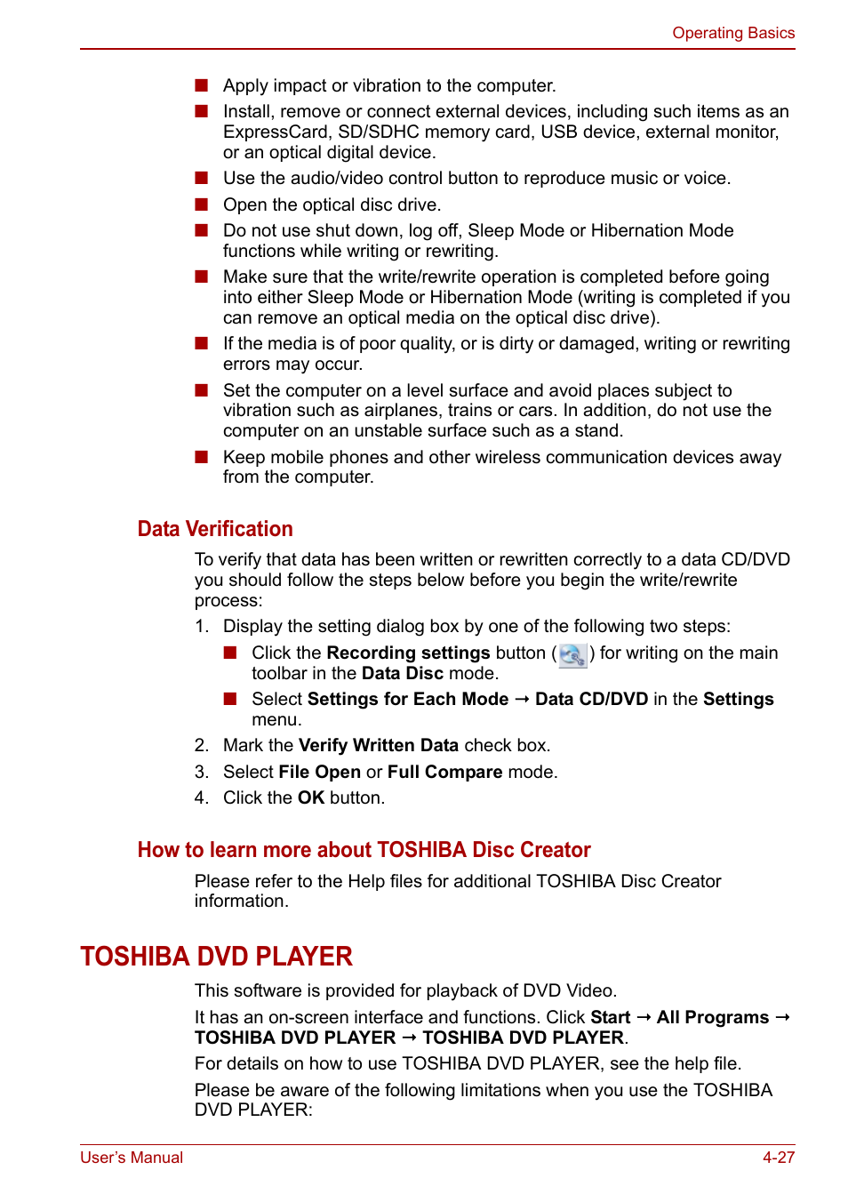 Toshiba dvd player, Toshiba dvd player -27, Section in | Data verification, How to learn more about toshiba disc creator | Toshiba Portege A600 User Manual | Page 114 / 218