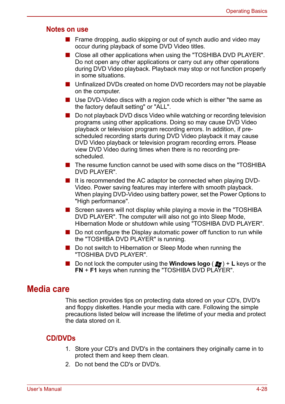Media care, Media care -28, Cd/dvds | Toshiba Portege A600 User Manual | Page 115 / 218