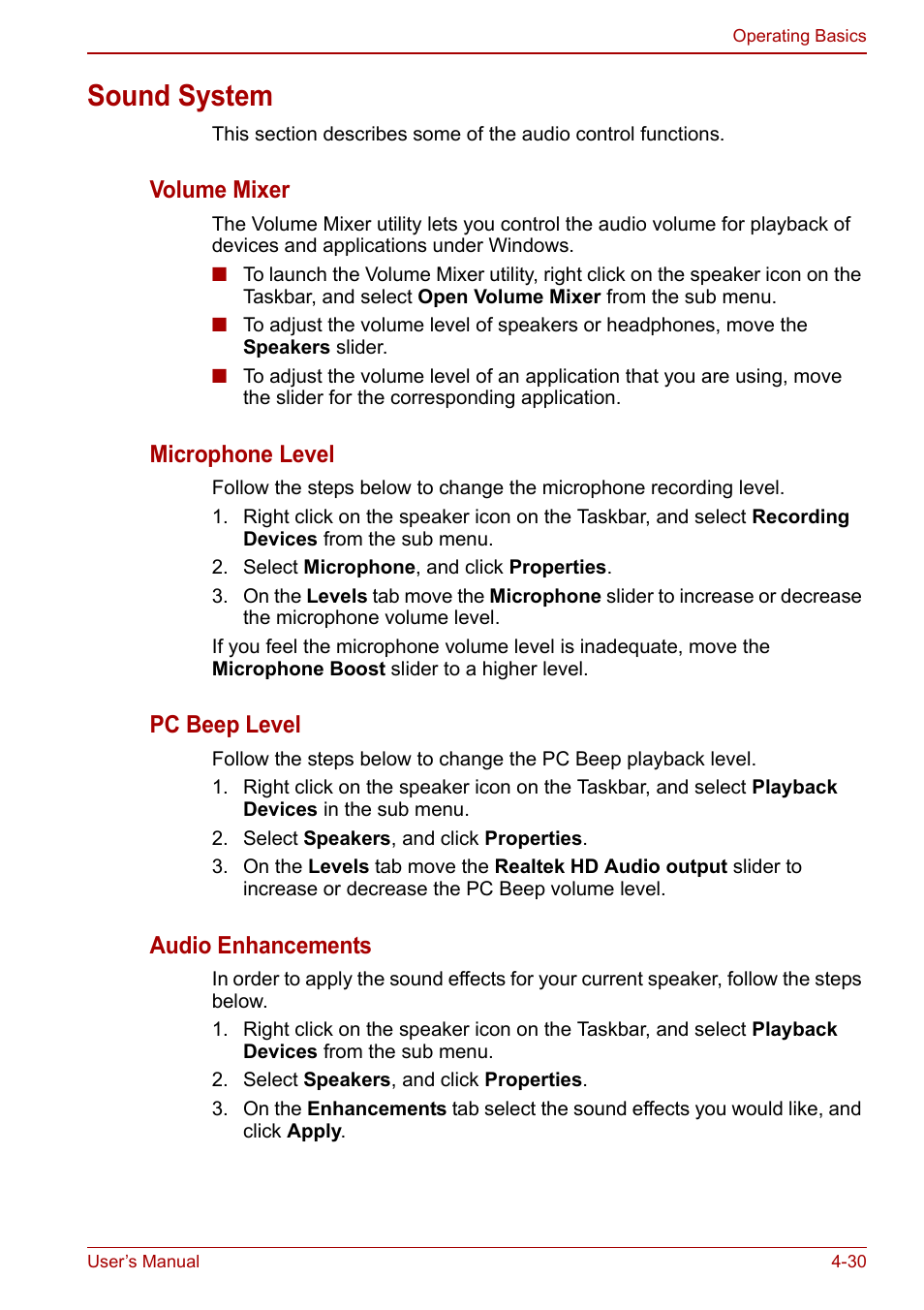 Sound system, Sound system -30, Section | Toshiba Portege A600 User Manual | Page 117 / 218