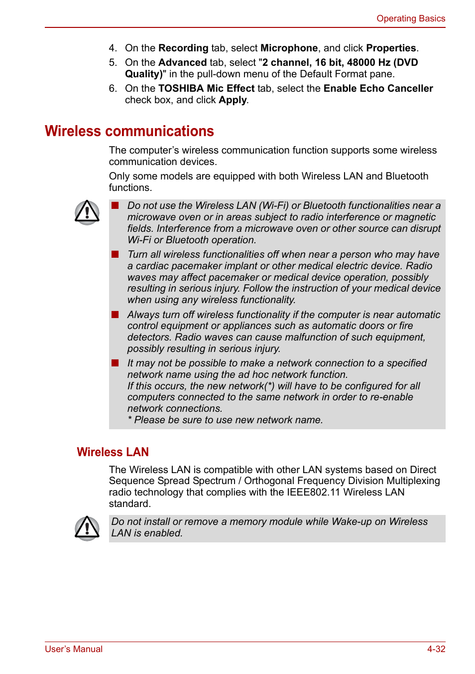 Wireless communications, Wireless communications -32, Wireless lan | Toshiba Portege A600 User Manual | Page 119 / 218