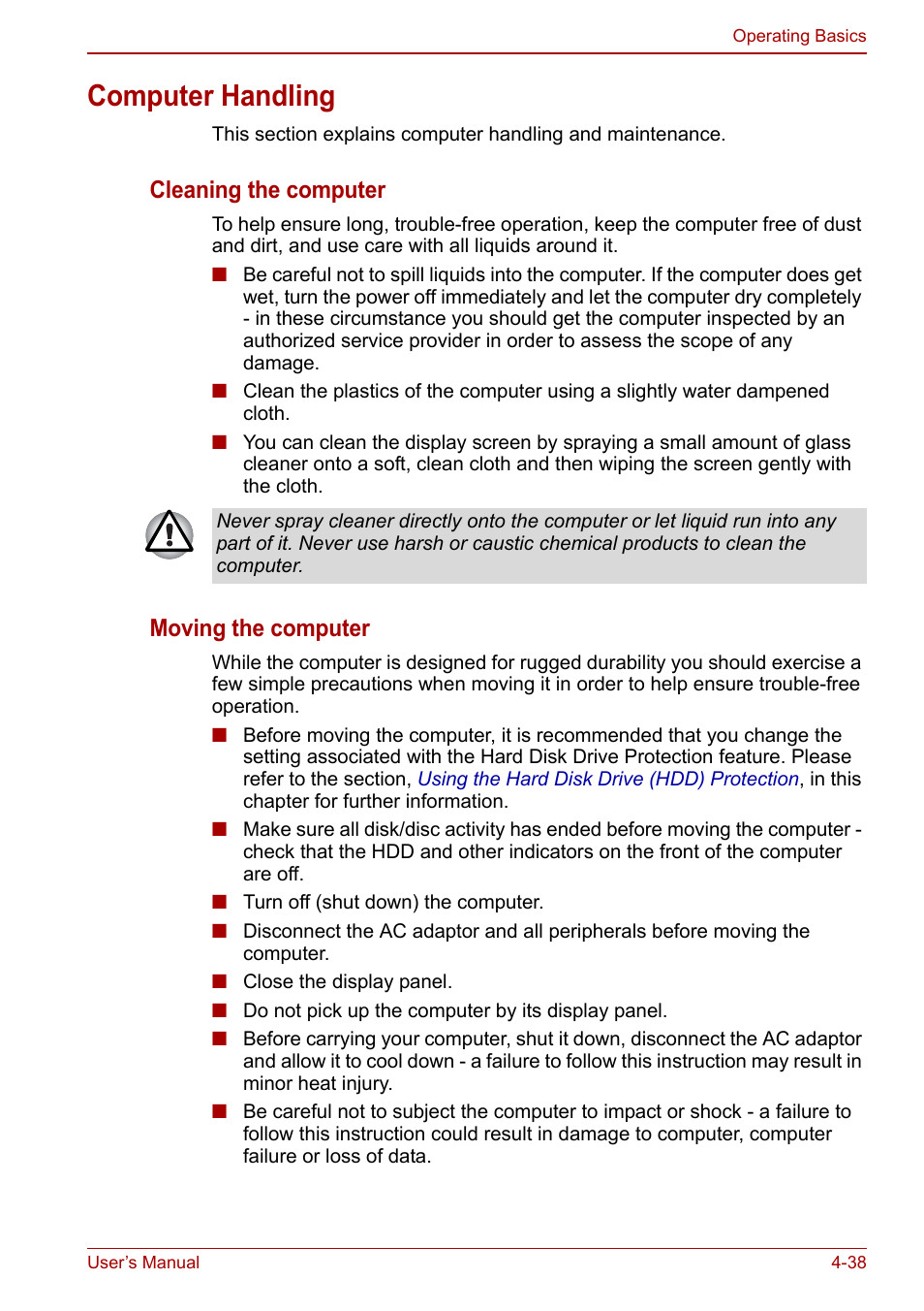 Computer handling, Computer handling -38, Cleaning the computer | Moving the computer | Toshiba Portege A600 User Manual | Page 125 / 218