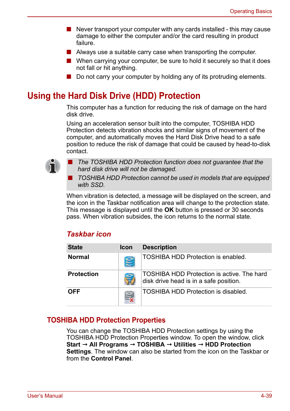 Using the hard disk drive (hdd) protection, Using the hard disk drive (hdd) protection -39, Using the | Hard disk drive (hdd) protection, Section, Toshiba hdd protection properties | Toshiba Portege A600 User Manual | Page 126 / 218