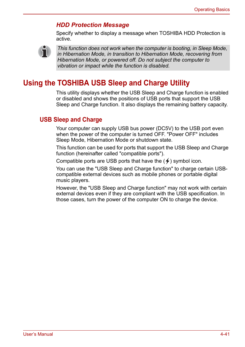 Using the toshiba usb sleep and charge utility, Using the toshiba usb sleep and charge utility -41, Using the toshiba usb sleep and | Charge utility, Usb sleep and charge | Toshiba Portege A600 User Manual | Page 128 / 218