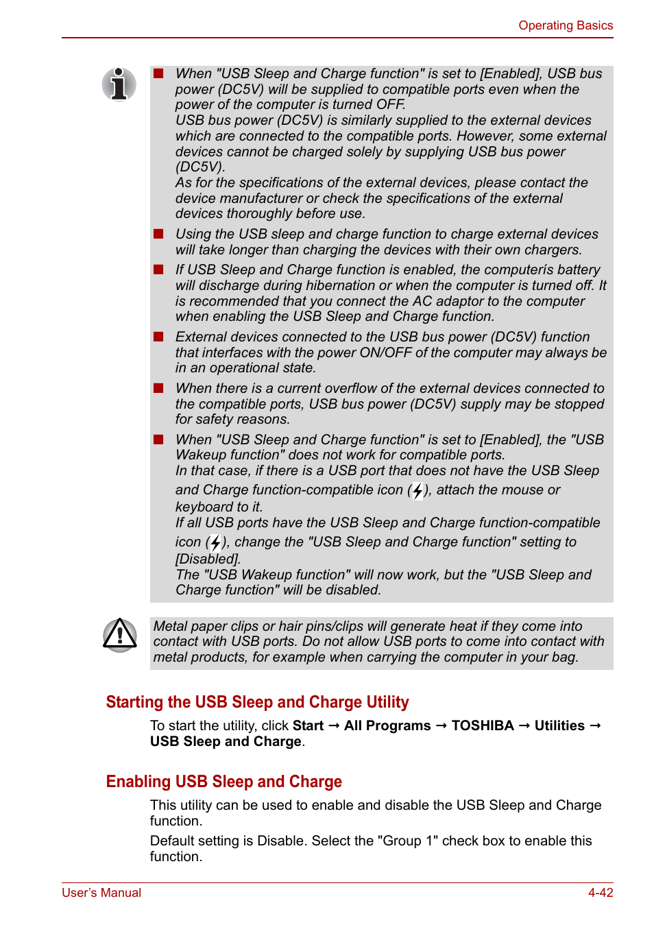 Starting the usb sleep and charge utility, Enabling usb sleep and charge | Toshiba Portege A600 User Manual | Page 129 / 218