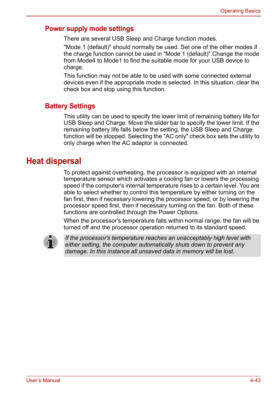Heat dispersal, Heat dispersal -43, Power supply mode settings | Battery settings | Toshiba Portege A600 User Manual | Page 130 / 218