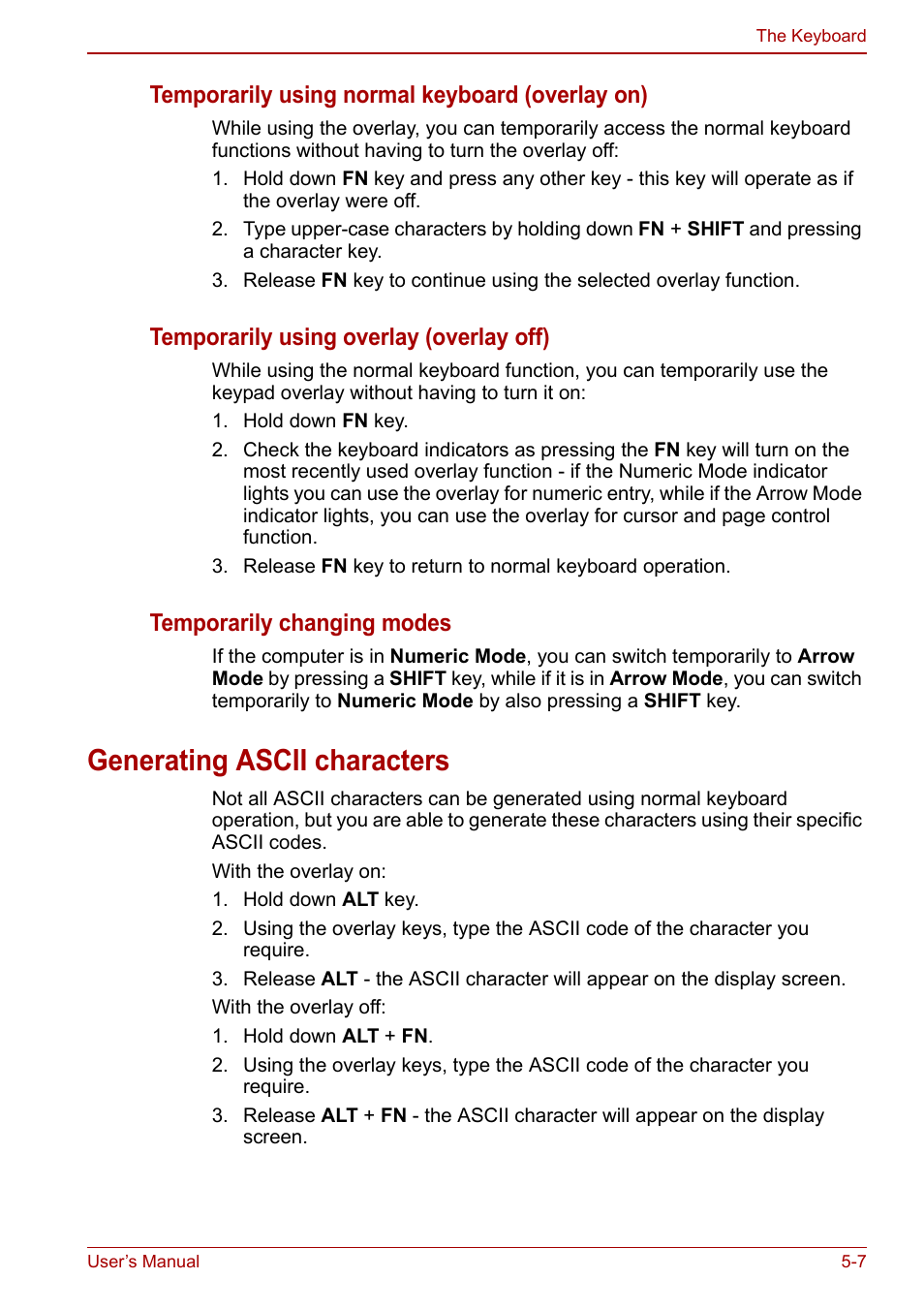 Generating ascii characters, Generating ascii characters -7, Temporarily using normal keyboard (overlay on) | Temporarily using overlay (overlay off), Temporarily changing modes | Toshiba Portege A600 User Manual | Page 137 / 218