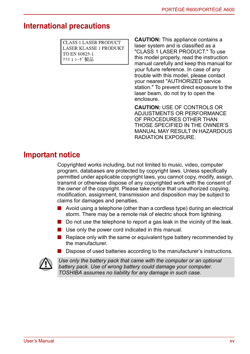 International precautions important notice | Toshiba Portege A600 User Manual | Page 14 / 218