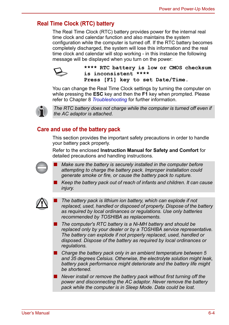 Real time clock (rtc) battery, Care and use of the battery pack | Toshiba Portege A600 User Manual | Page 141 / 218