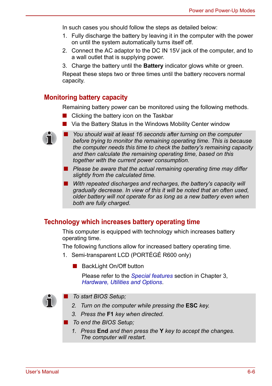 Monitoring battery capacity, Technology which increases battery operating time | Toshiba Portege A600 User Manual | Page 143 / 218