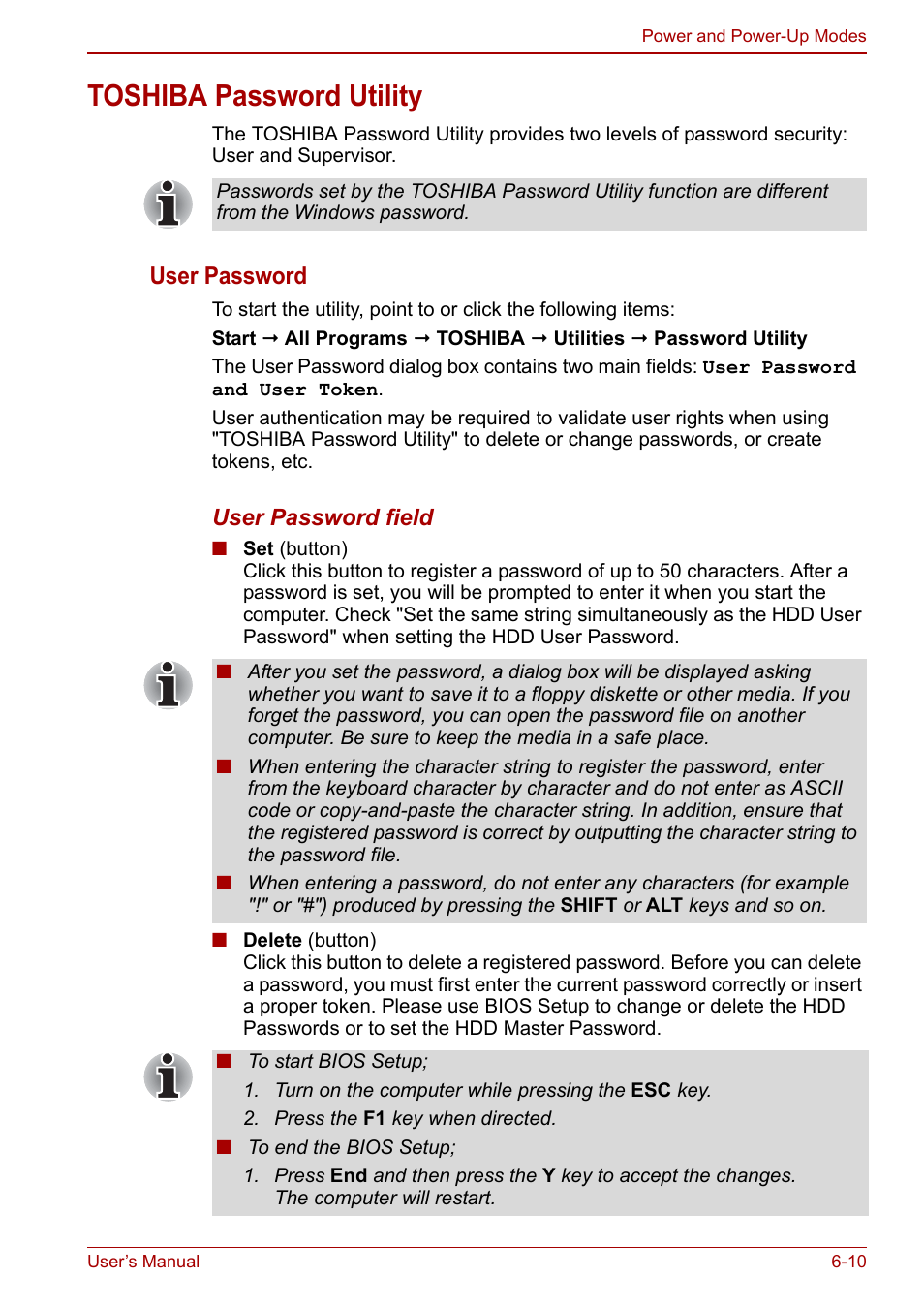 Toshiba password utility, Toshiba password utility -10, User password | Toshiba Portege A600 User Manual | Page 147 / 218