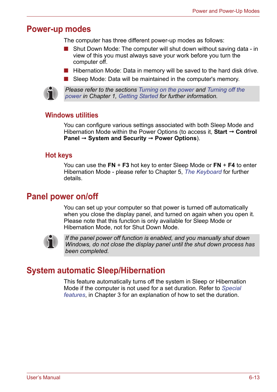 Power-up modes, Panel power on/off, System automatic sleep/hibernation | Toshiba Portege A600 User Manual | Page 150 / 218
