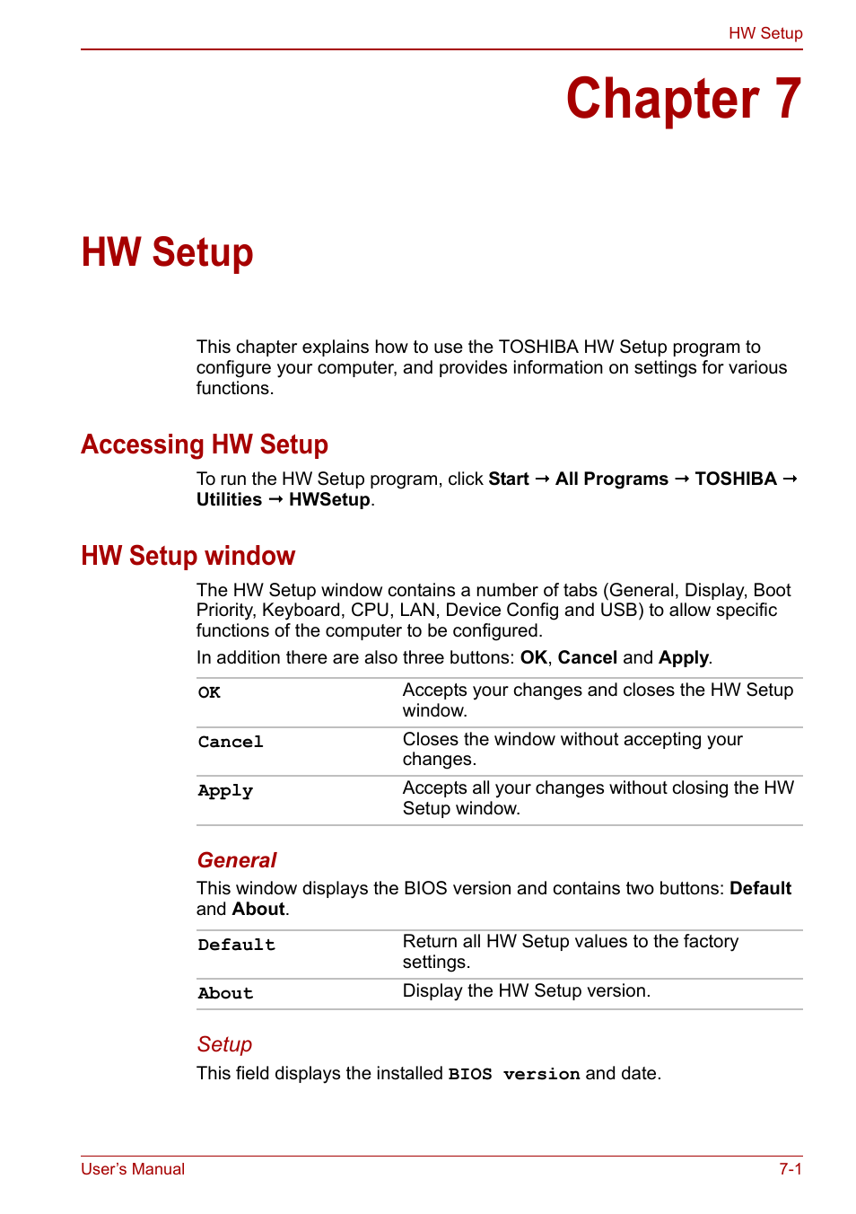Chapter 7: hw setup, Accessing hw setup, Hw setup window | Chapter 7, Hw setup, Accessing hw setup -1 hw setup window -1 | Toshiba Portege A600 User Manual | Page 151 / 218