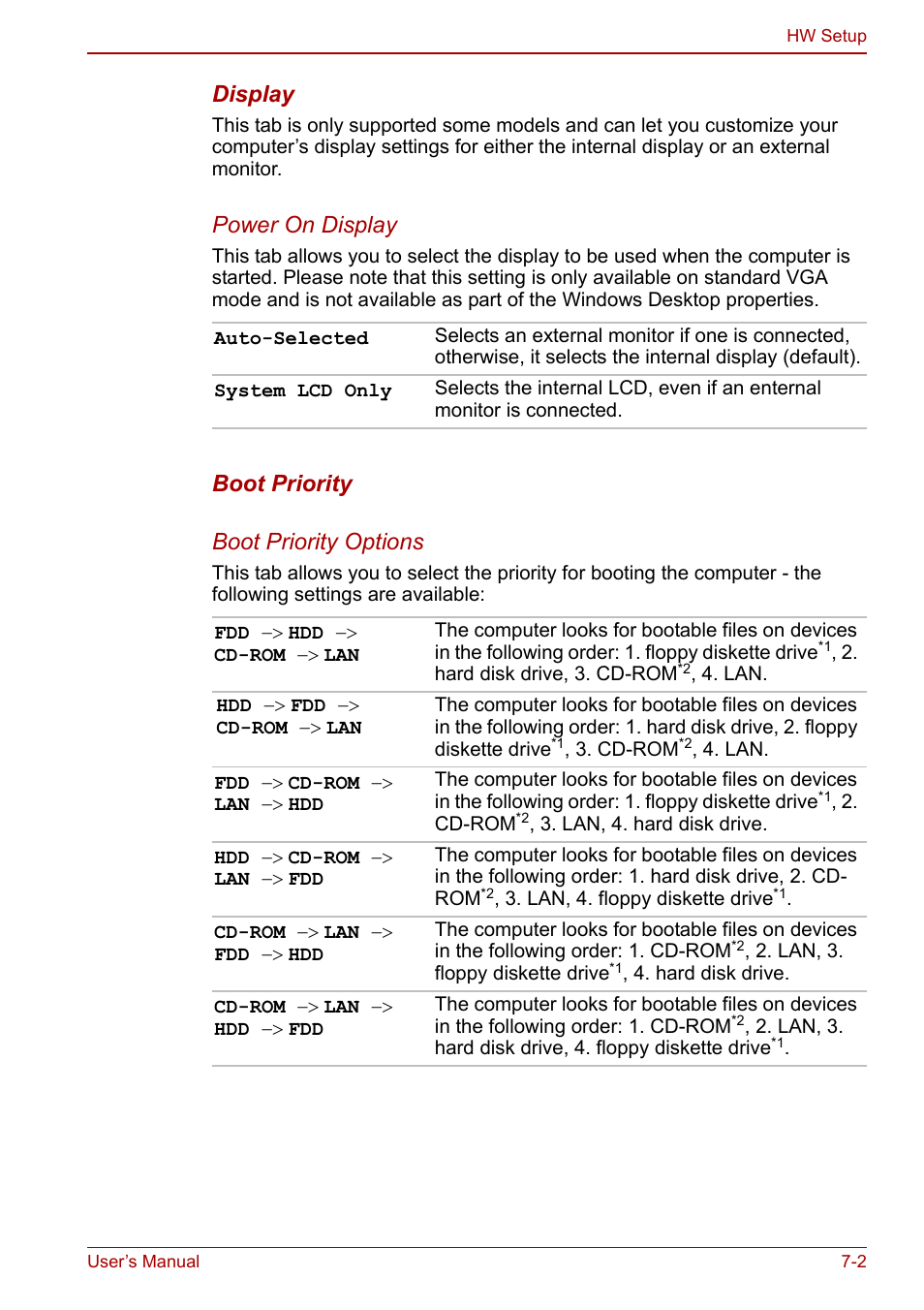 Display, Power on display, Boot priority boot priority options | Toshiba Portege A600 User Manual | Page 152 / 218
