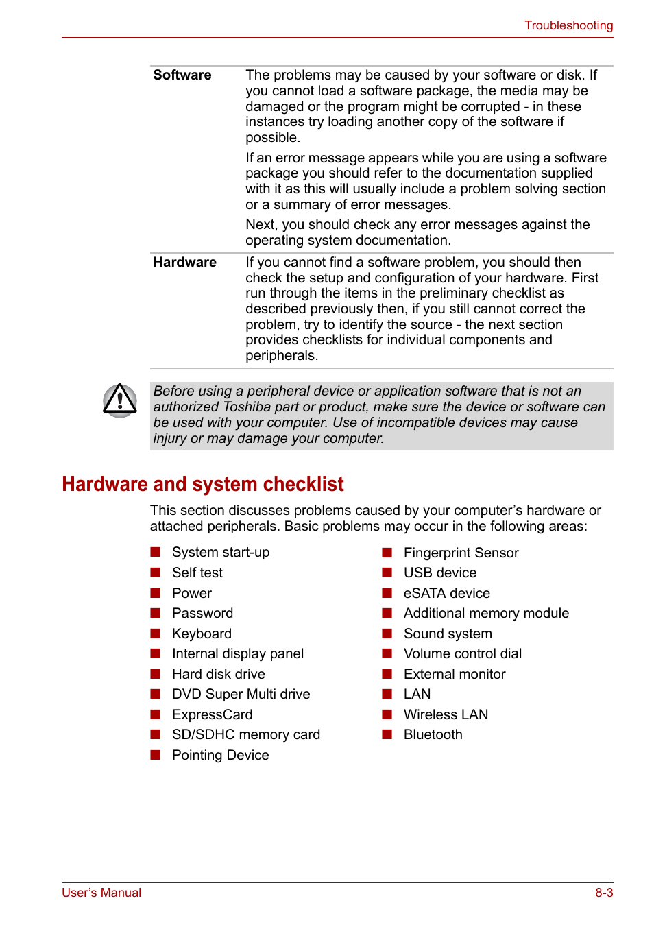 Hardware and system checklist, Hardware and system checklist -3 | Toshiba Portege A600 User Manual | Page 160 / 218