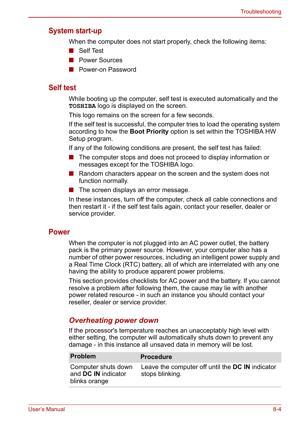 System start-up, Self test, Power | Toshiba Portege A600 User Manual | Page 161 / 218