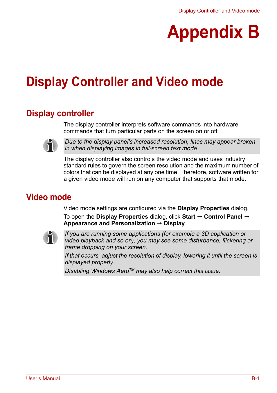 Appendix b: display controller and video mode, Display controller, Video mode | Appendix b, Display controller and video mode, Display controller and | Toshiba Portege A600 User Manual | Page 181 / 218