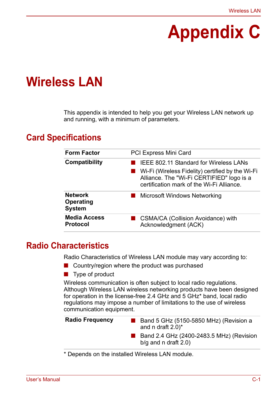 Appendix c: wireless lan, Card specifications, Radio characteristics | Appendix c, Wireless lan, Card specifications radio characteristics | Toshiba Portege A600 User Manual | Page 182 / 218