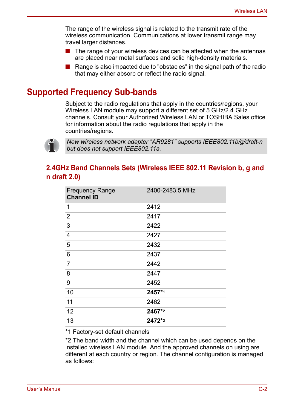 Supported frequency sub-bands | Toshiba Portege A600 User Manual | Page 183 / 218