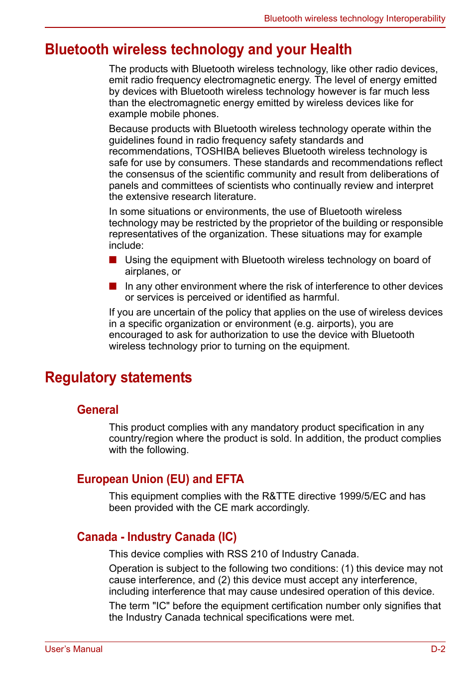 Bluetooth wireless technology and your health, Regulatory statements | Toshiba Portege A600 User Manual | Page 187 / 218