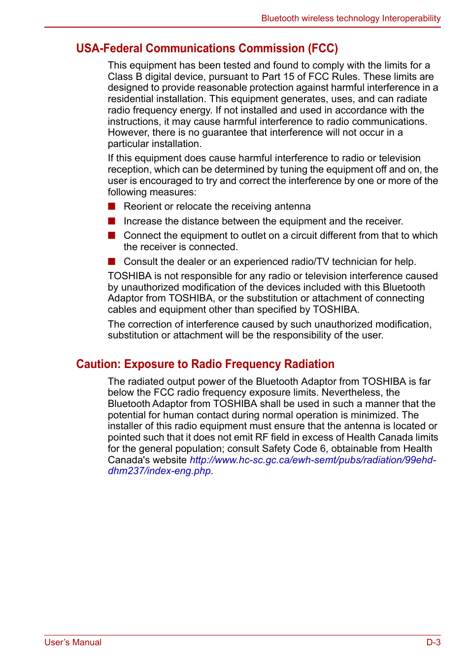 Usa-federal communications commission (fcc), Caution: exposure to radio frequency radiation | Toshiba Portege A600 User Manual | Page 188 / 218