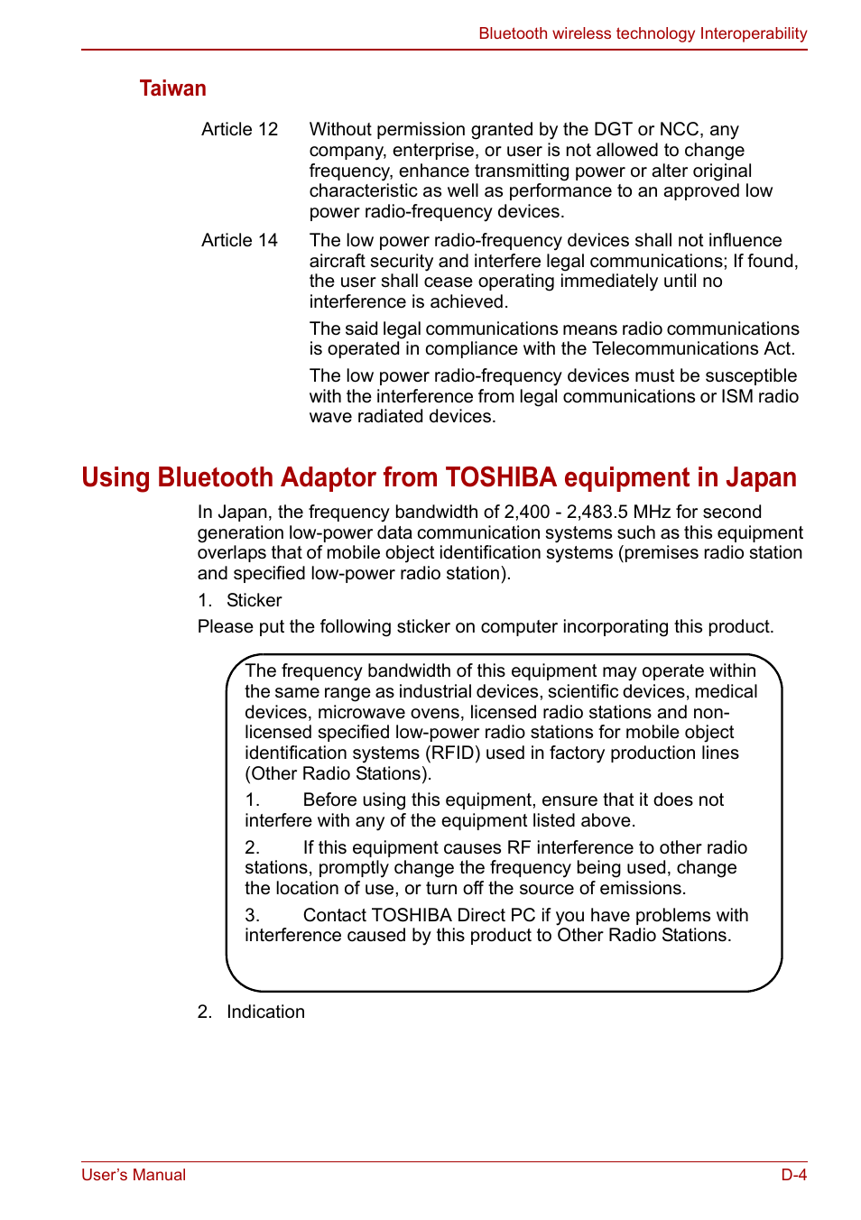 Taiwan | Toshiba Portege A600 User Manual | Page 189 / 218