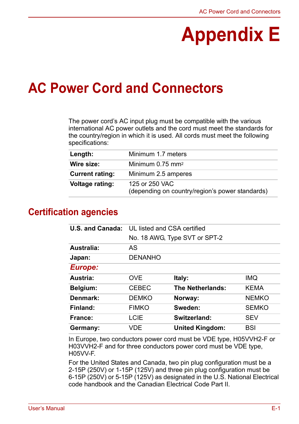 Appendix e: ac power cord and connectors, Certification agencies, Appendix e | Ac power cord and connectors | Toshiba Portege A600 User Manual | Page 191 / 218