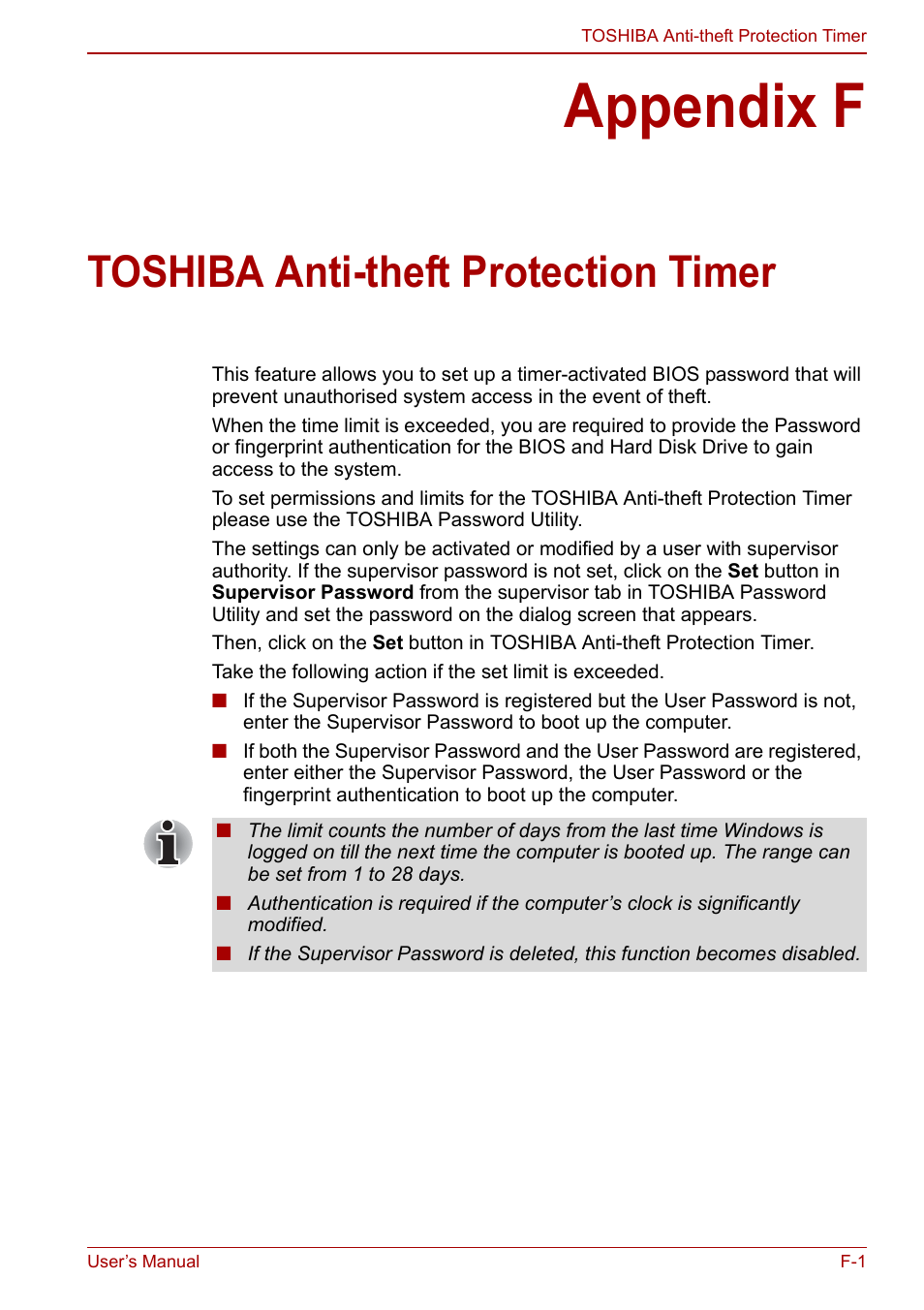 Appendix f: toshiba anti-theft protection timer, Toshiba anti-theft protection timer, Appendix f | Toshiba Portege A600 User Manual | Page 193 / 218