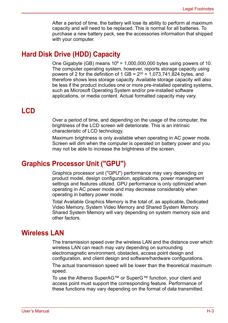 Hard disk drive (hdd) capacity, Graphics processor unit ("gpu"), Wireless lan | Toshiba Portege A600 User Manual | Page 198 / 218