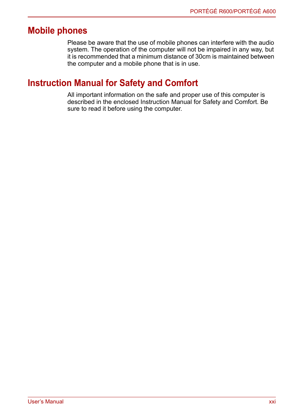Mobile phones, Instruction manual for safety and comfort | Toshiba Portege A600 User Manual | Page 20 / 218