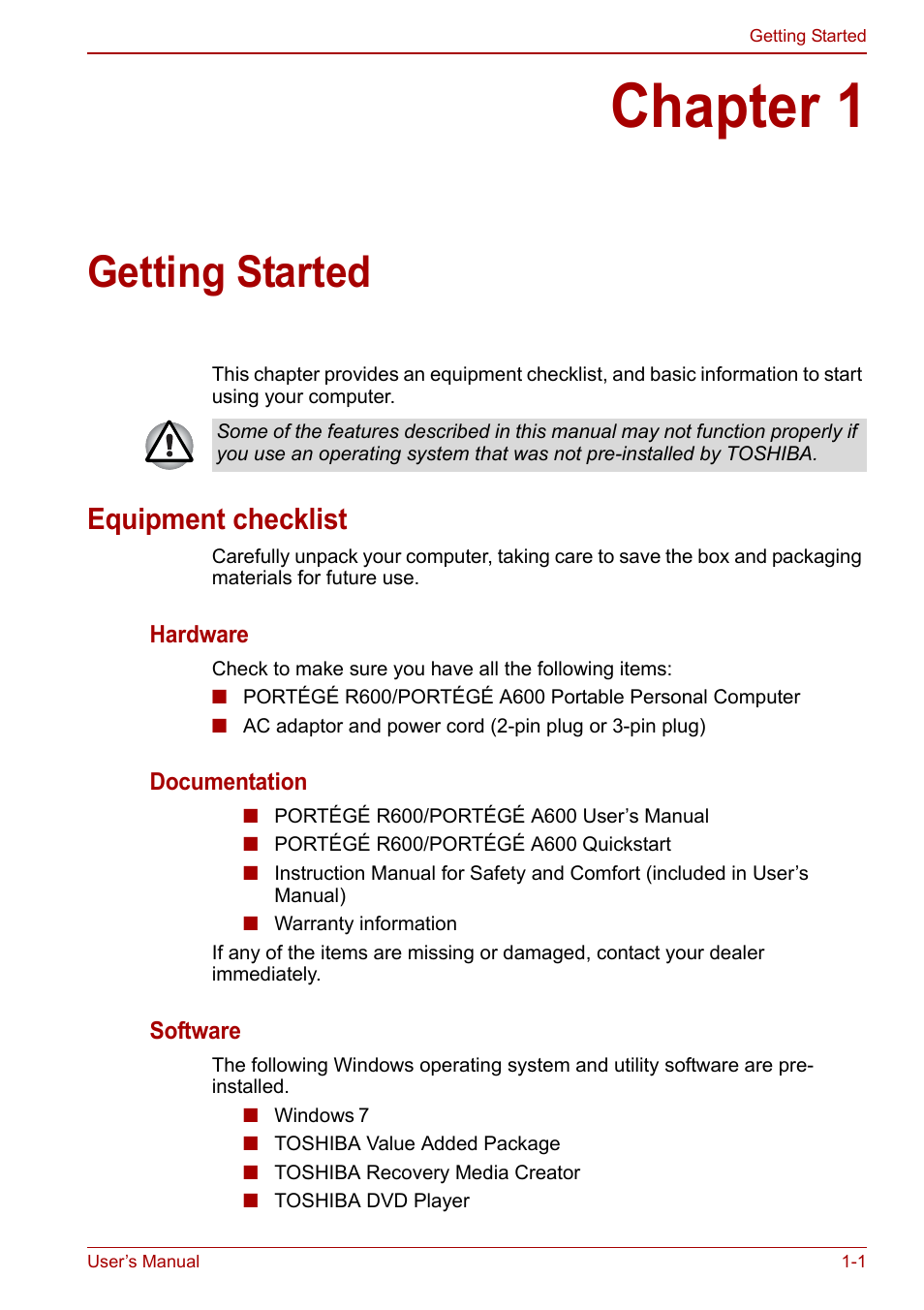 Chapter 1: getting started, Equipment checklist, Chapter 1 | Getting started, Equipment checklist -1 | Toshiba Portege A600 User Manual | Page 21 / 218