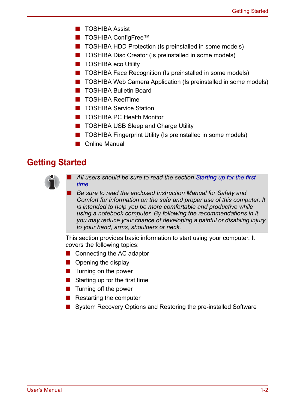 Getting started, Getting started -2, Apter 1 | Toshiba Portege A600 User Manual | Page 22 / 218