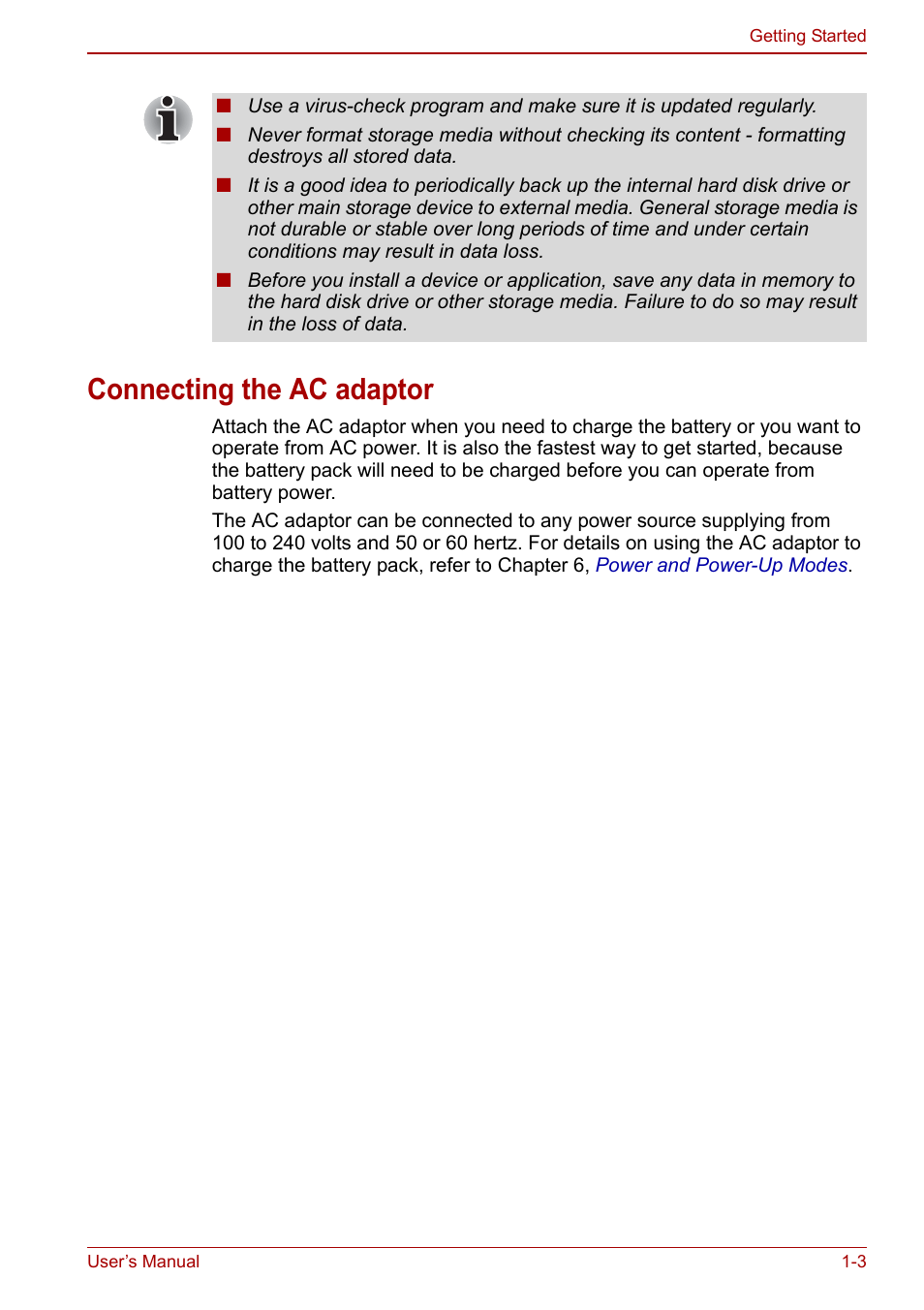 Connecting the ac adaptor, Connecting the ac adaptor -3 | Toshiba Portege A600 User Manual | Page 23 / 218