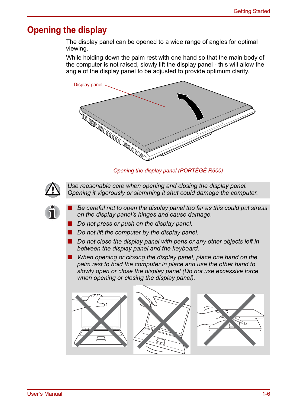Opening the display, Opening the display -6 | Toshiba Portege A600 User Manual | Page 26 / 218