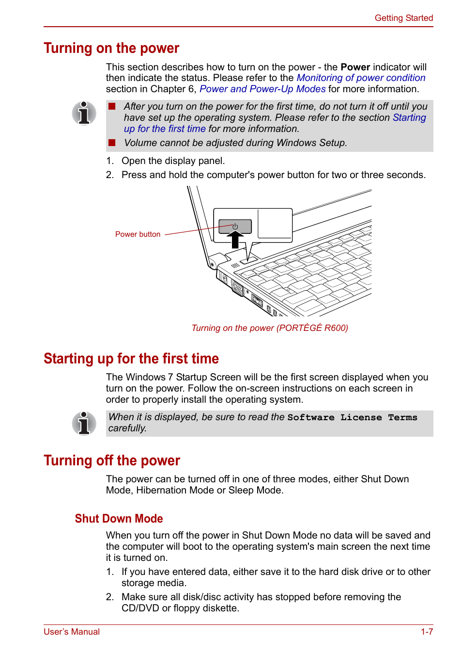 Turning on the power, Starting up for the first time, Turning off the power | Shut down mode | Toshiba Portege A600 User Manual | Page 27 / 218