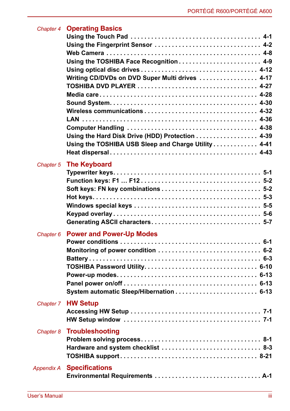 Toshiba Portege A600 User Manual | Page 3 / 218