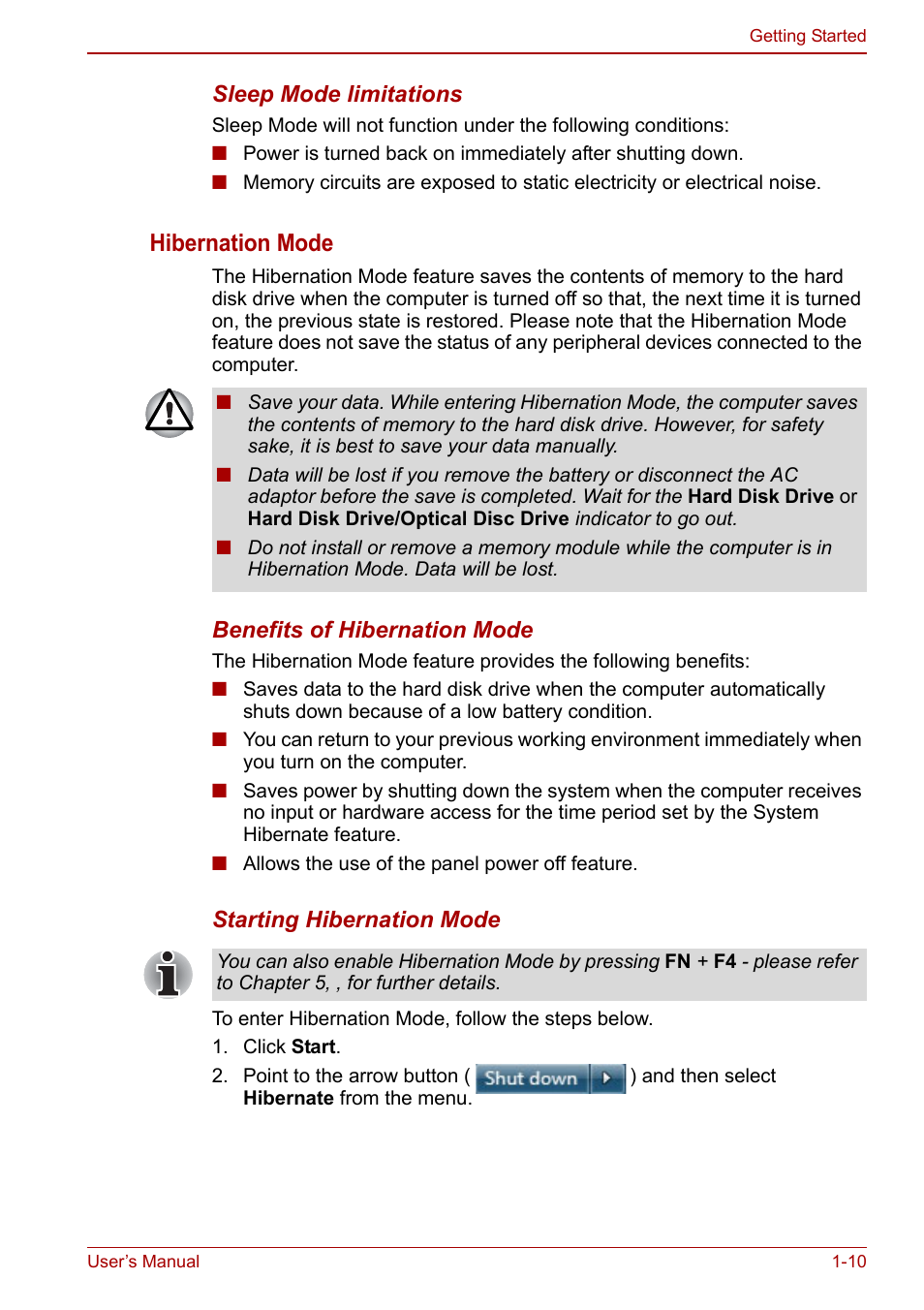 Hibernation mode | Toshiba Portege A600 User Manual | Page 30 / 218