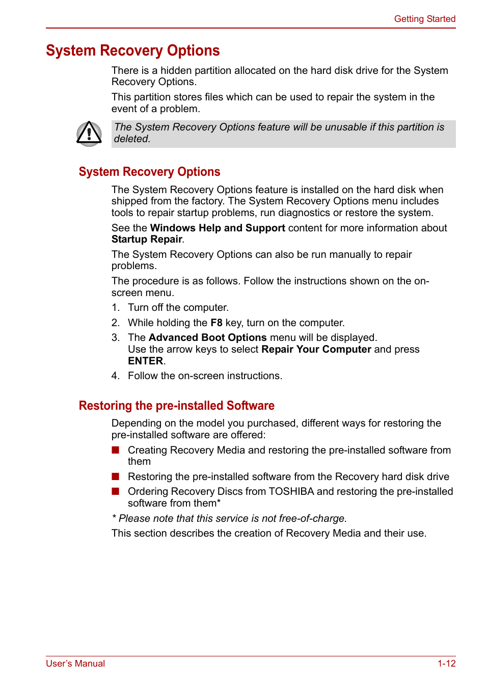 System recovery options, System recovery options -12, Restoring the pre-installed software | Toshiba Portege A600 User Manual | Page 32 / 218