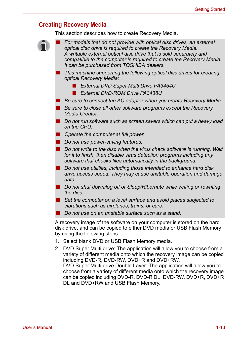 Creating recovery media | Toshiba Portege A600 User Manual | Page 33 / 218