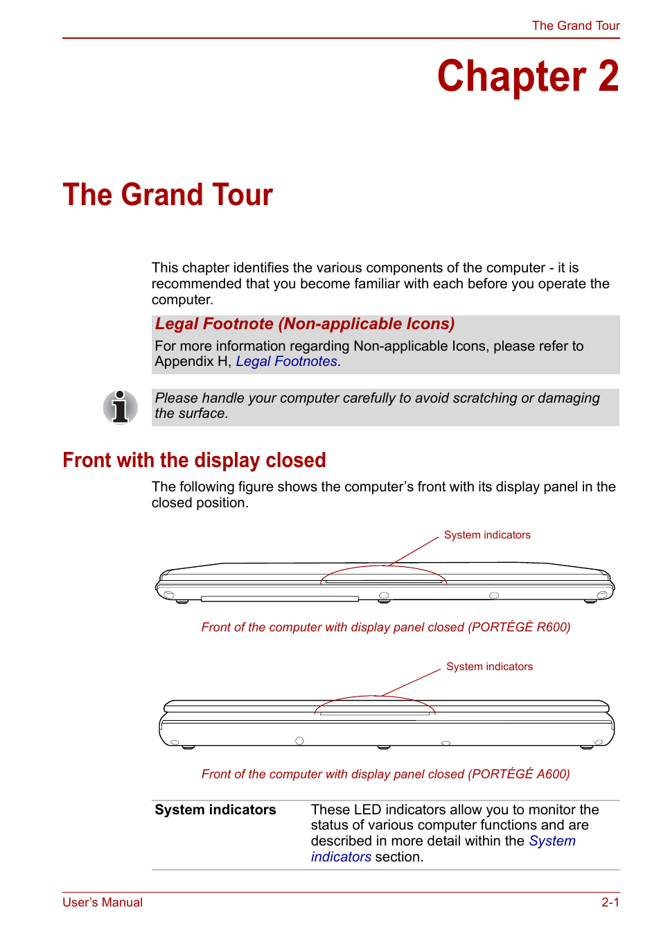 Chapter 2: the grand tour, Front with the display closed, Chapter 2 | The grand tour, Front with the display closed -1 | Toshiba Portege A600 User Manual | Page 37 / 218